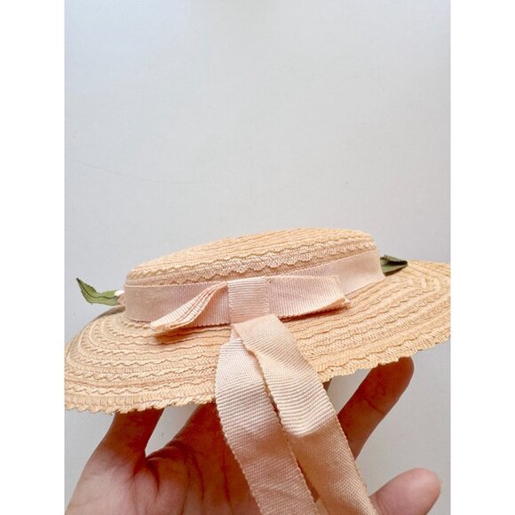Vintage Pale Peach Pink Staw Faux Floral Grosgrain Ribbon Boater Hat - Picture 10 of 14
